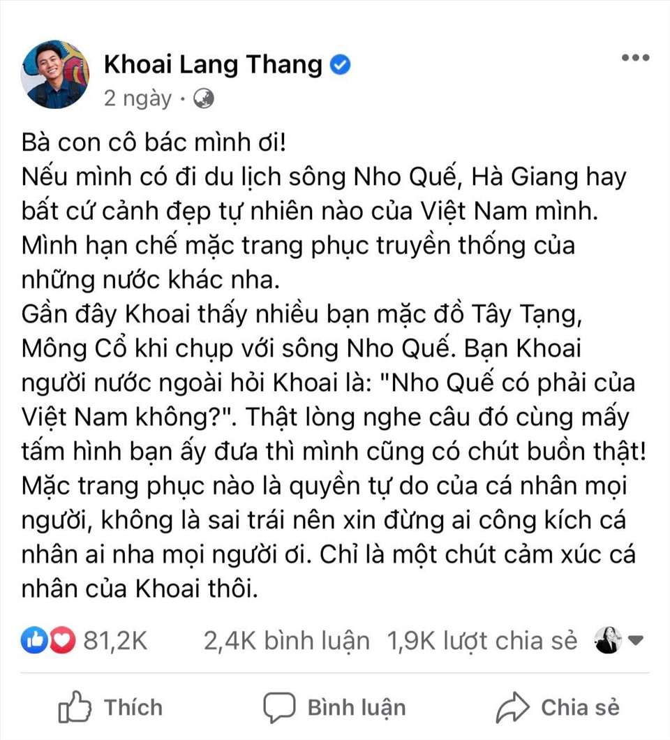 Bài viết của Khoai Lang Thang nhận được nhiều sự quan tâm của cộng đồng mạng. Ảnh: Facebook nhân vật