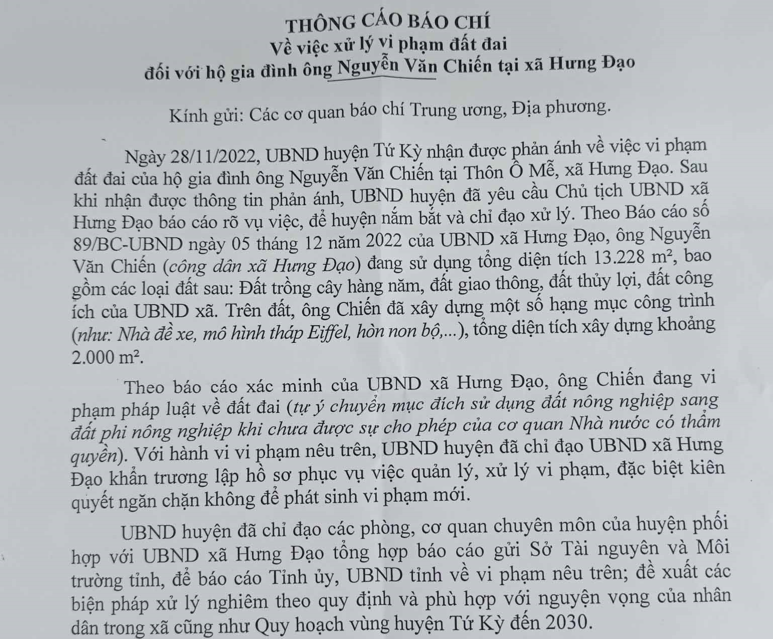 Thông cáo báo chí số 15/TC-UBND của UBND huyện Tứ Kỳ.