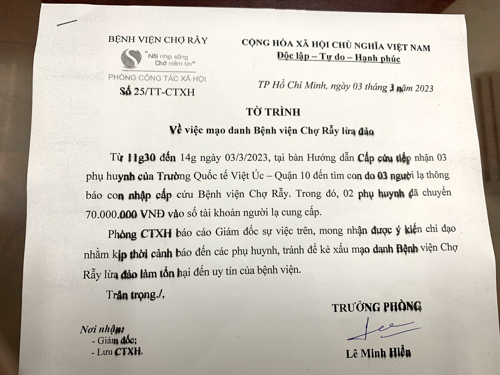 Tờ trình phụ huynh bị lừa qua điện thoại con nhập viện cấp cứu. Ảnh: Bệnh viện Chợ Rẫy TP Hồ Chí Minh
