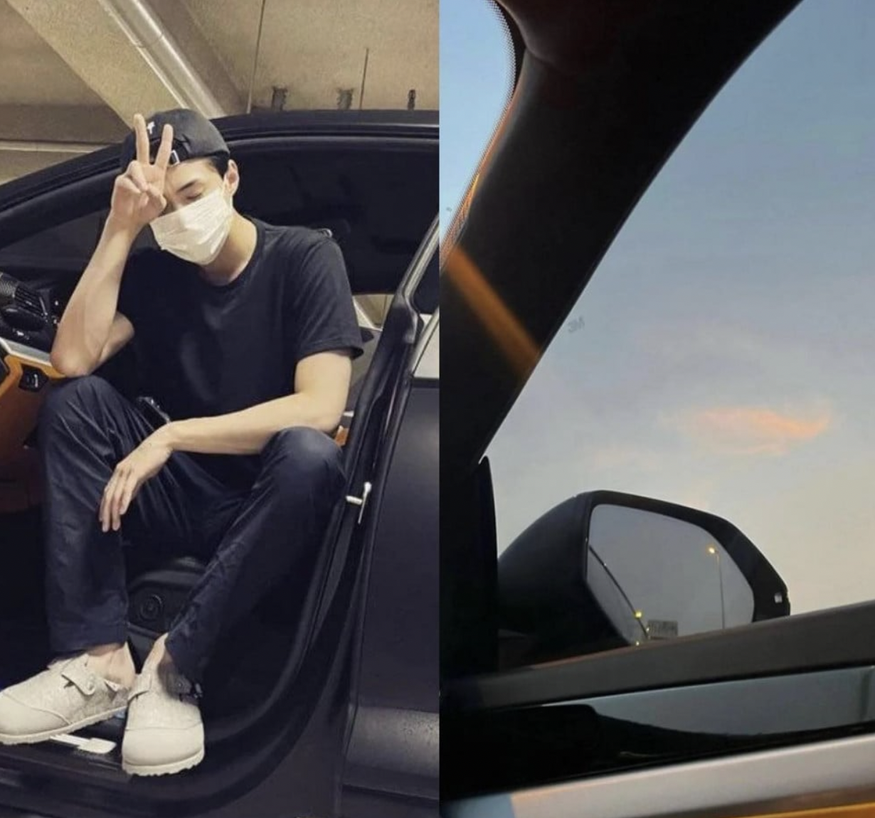 Chiếc Audi R8 được Oh Sehun đăng tải trên trang cá nhân (bên trái) và bức ảnh được chụp từ ghế phụ của người tự nhận là bạn gái anh. Ảnh: Idolissue
