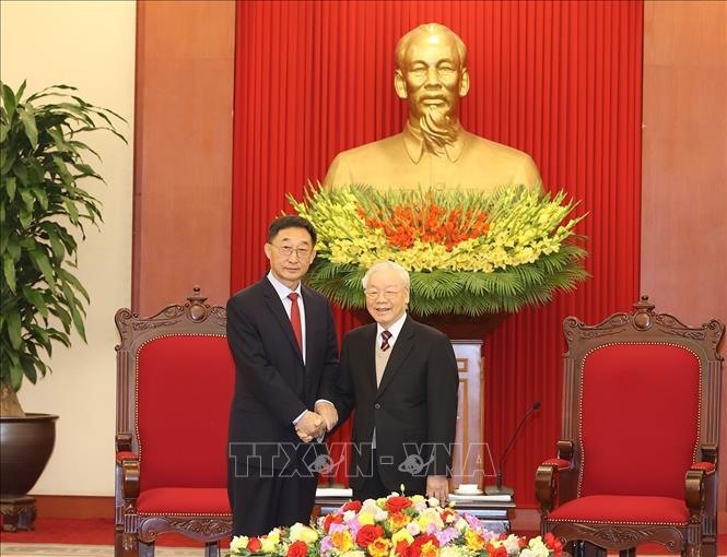 Tổng Bí thư Nguyễn Phú Trọng bày tỏ vui mừng về những tiến triển mới trong quan hệ hai Đảng, hai nước thời gian vừa qua. Ảnh: TTXVN