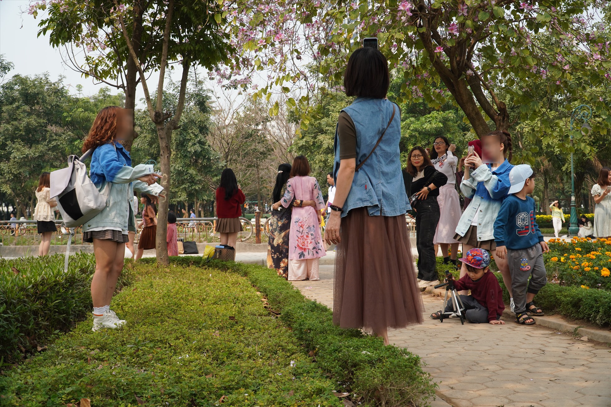 Phía trong công viên, nhiều người dân ngang nhiên đứng trong bồn cây, vườn hoa, dẫm chân lên các bãi cỏ để chụp ảnh.