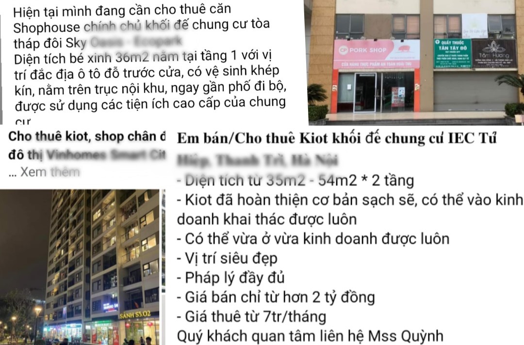 Rao bán hoặc cho thuê shophouse khối đế tại các chung cư nội thành Hà Nội. Ảnh: Chụp màn hình