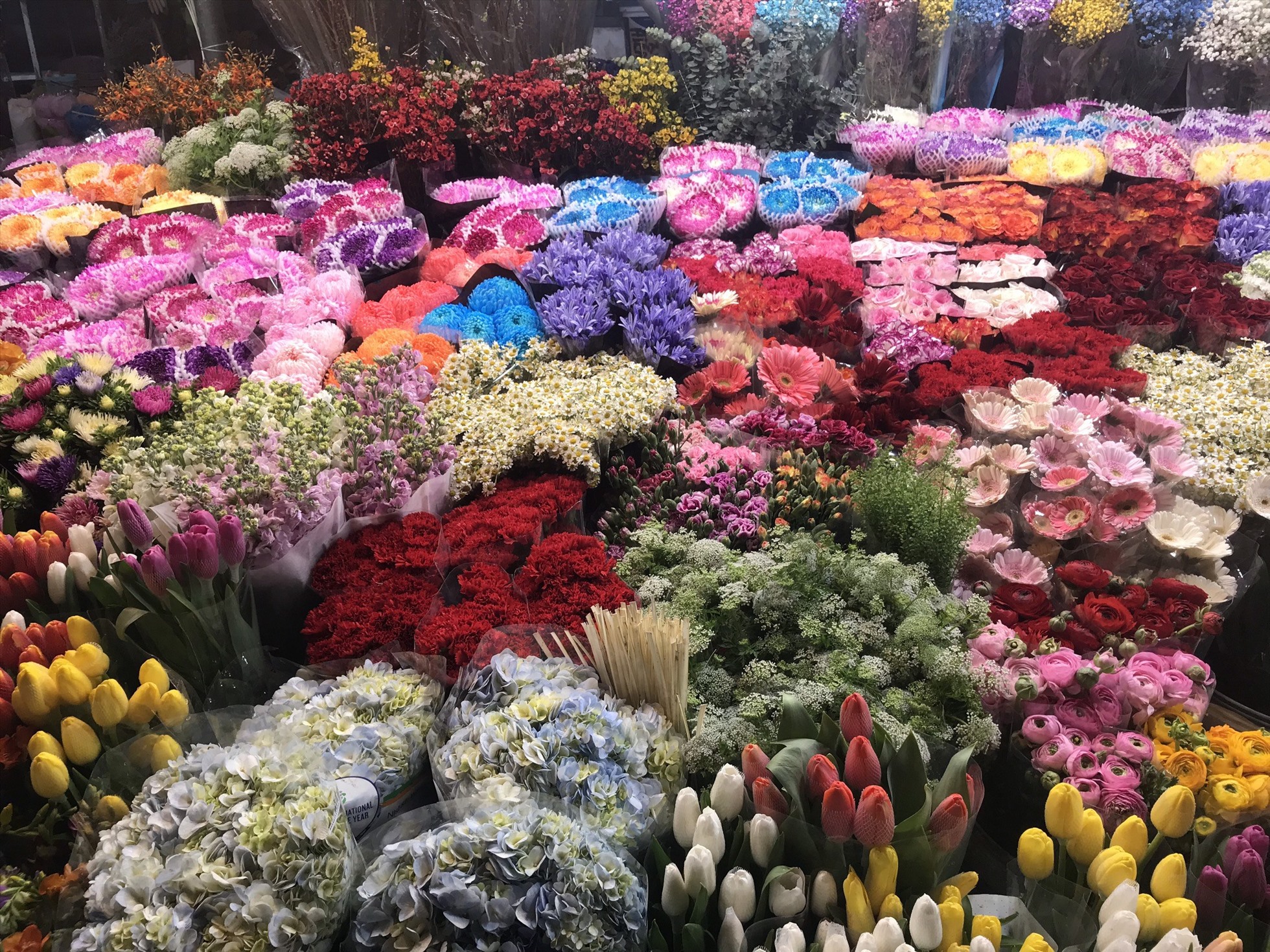 Vô vàn loài hoa khác nhau như: hoa hồng, hoa huệ, hoa cúc... khoe sắc ở chợ hoa Quảng Bá. Ảnh: Cẩm Tú