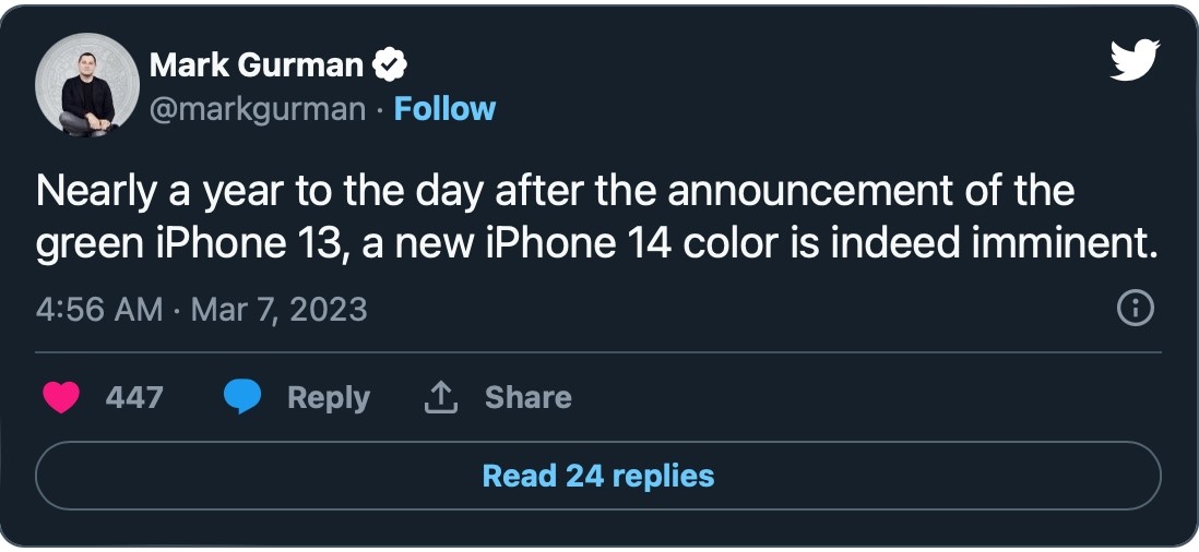 Trong bài đăng mới trên Twitter của mình, Mark Gurman đã thông báo về một mẫu iPhone 14 màu mới có thể sắp được ra mắt. Ảnh: Twitter/Mark Gurman