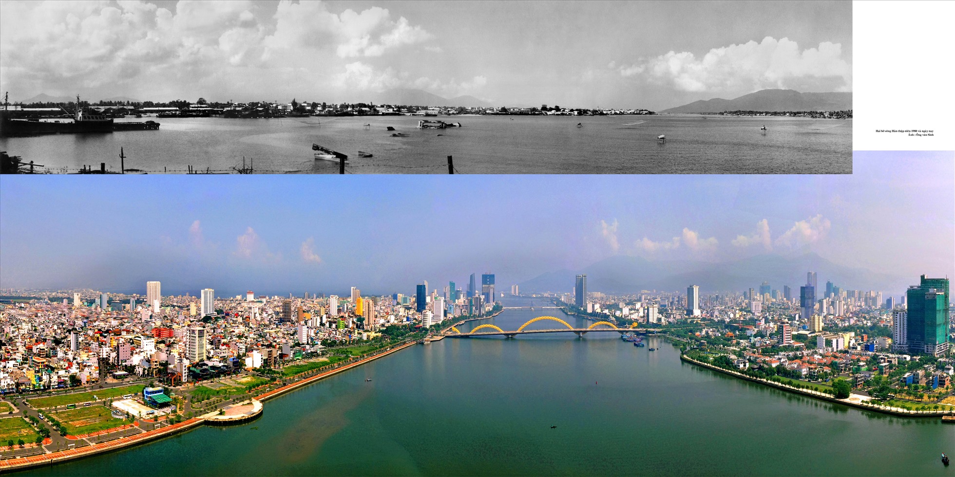 Hai bờ sông Hàn năm 1980 và năm 2020. Ảnh: Bảo tàng Mỹ thuật Đà Nẵng