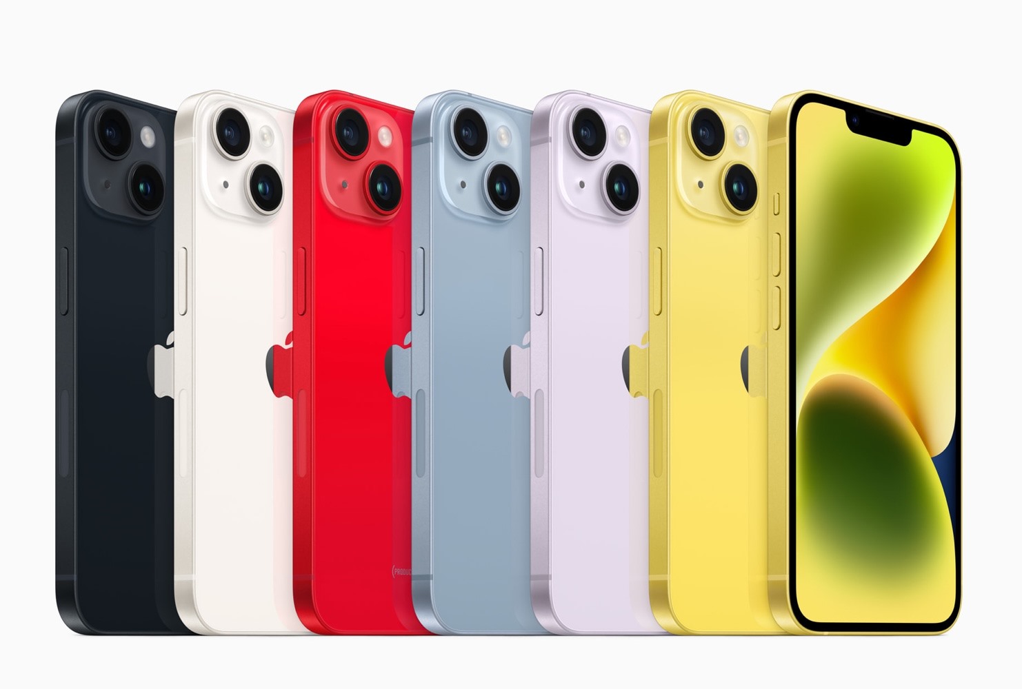 iPhone 14 màu mới đứng cạnh các phối màu có sẵn. Ảnh: Apple