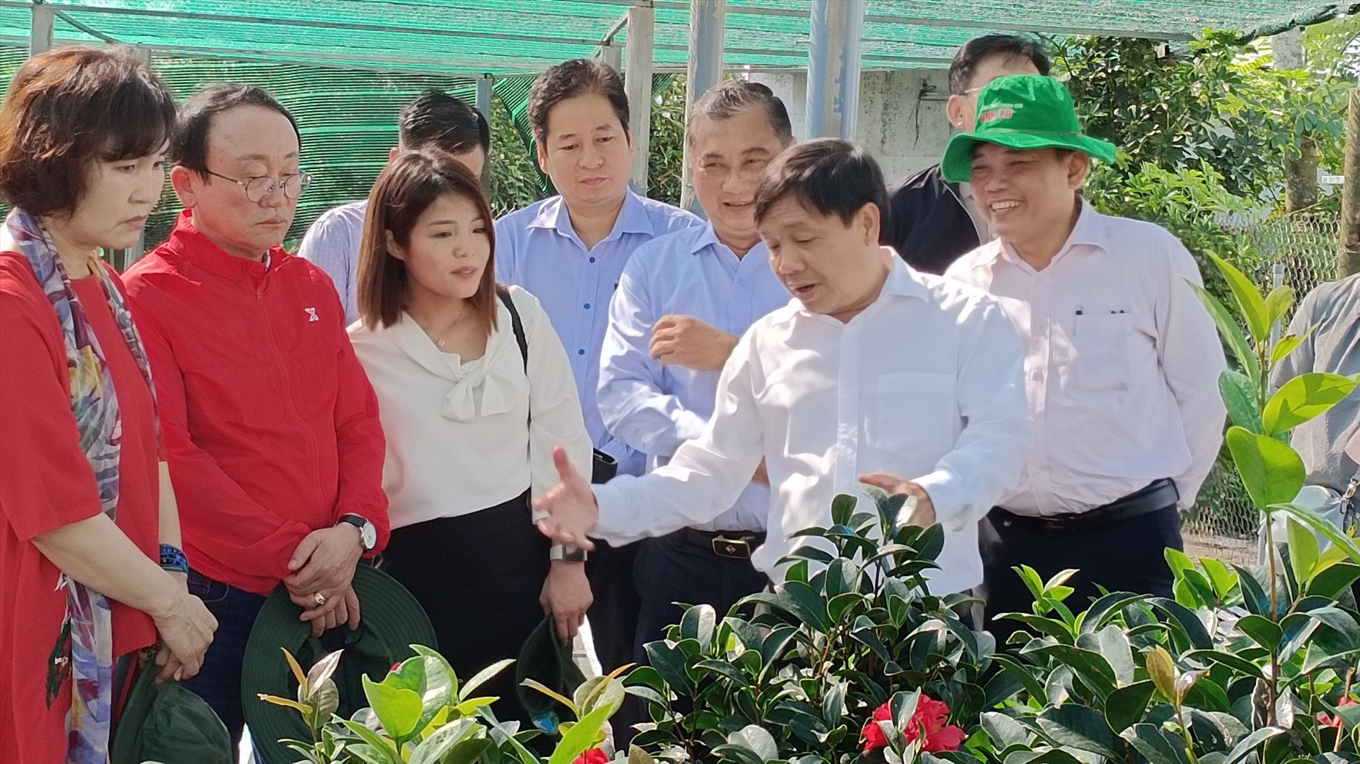 Đoàn đến tham quan tìm hiểu quy trình sản xuất hoa kiểng, tạo dáng bonsai tại làng hoa Sa Đéc. Ảnh: Thanh Nghĩa