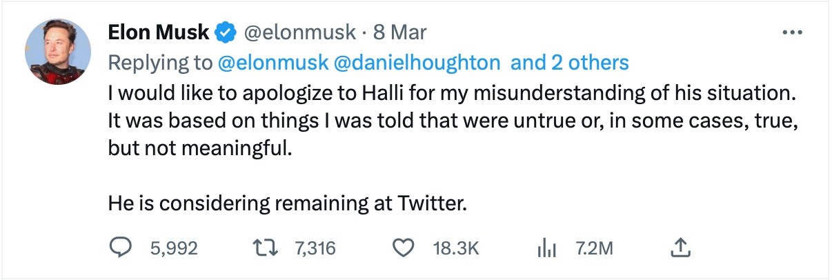 Elon Musk đã xin lỗi cựu nhân viên của mình trên Twitter. Ảnh: Twitter/Elon Musk
