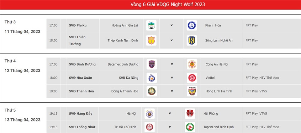 Lịch thi đấu vòng 6 và bảng xếp hạng V.League 2023. Ảnh: VPF