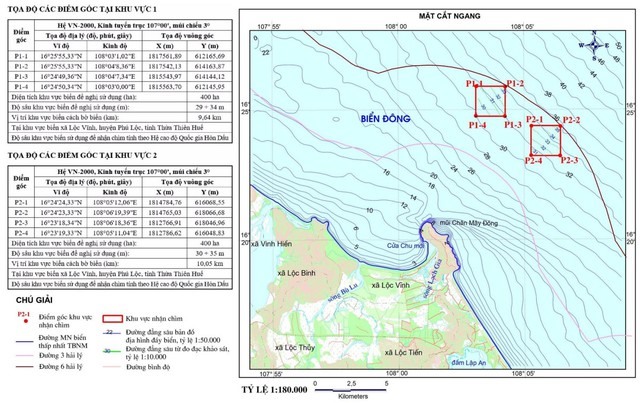 Bản đồ khu vực biển sử dụng để nhận chìm chất nạo vét ngoài biển thuộc phạm vi quản lý tỉnh Thừa Thiên Huế.