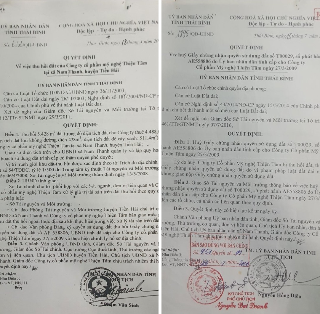 Quyết định thu hồi đất và quyết định hủy giấy chứng nhận quyền sử dụng đất của Công ty Thiện Tâm do UBND tỉnh Thái Bình ban hành. Ảnh chụp tài liệu.