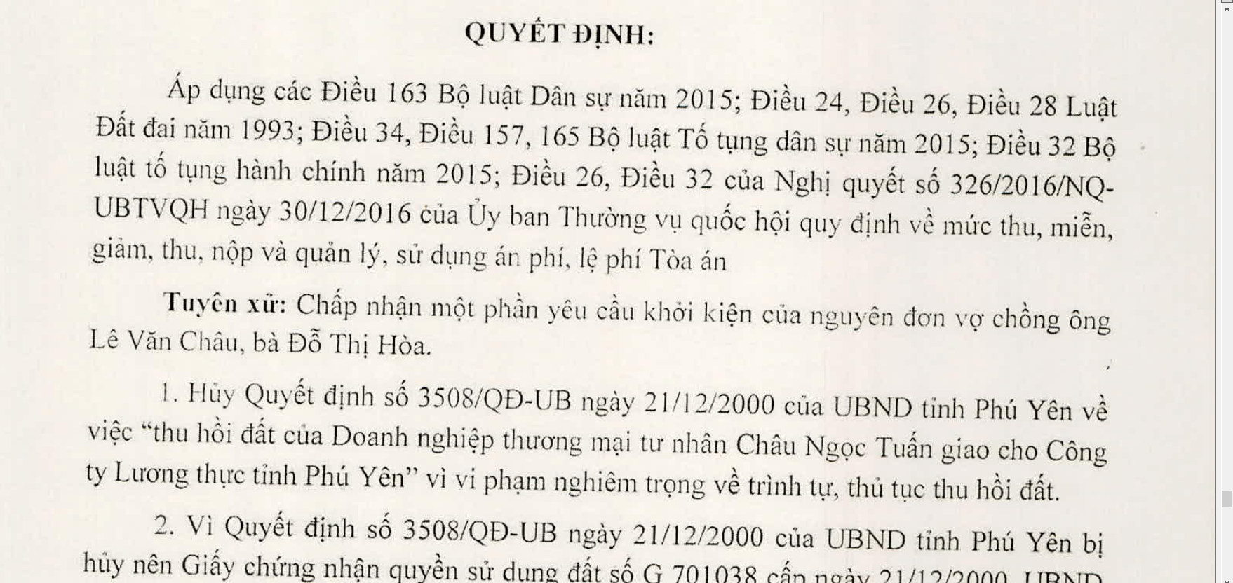 Bản án sơ thẩm vụ kiện, TAND tỉnh Phú Yên tuyên hủy quyết định thu hồi đất của UBND tỉnh Phú Yên đối với DN Châu Ngọc Tuấn