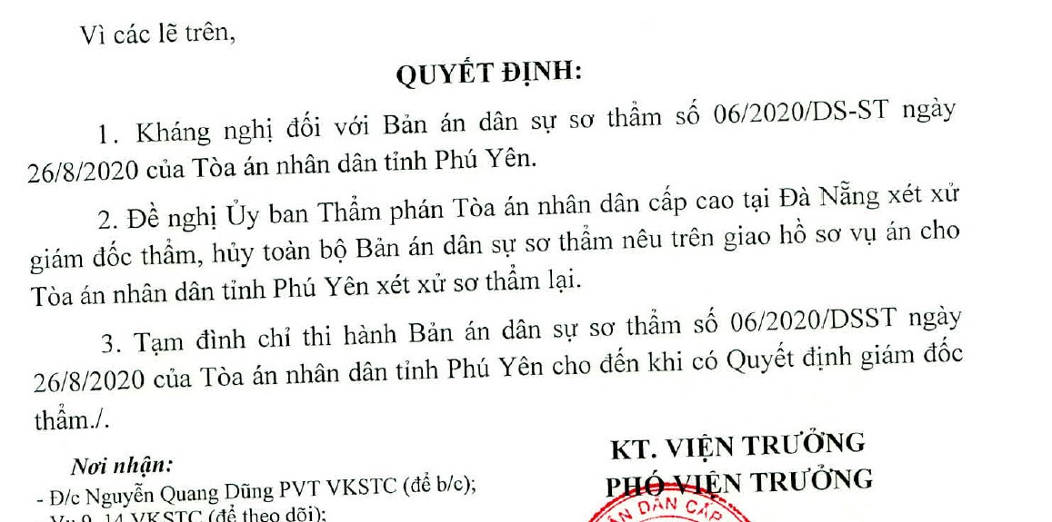 Viện Kiểm sát nhân dân Cấp cao tại Đà Nẵng kháng nghị theo hướng hủy bản án sơ thẩm dân sự của TAND tỉnh Phú Yên