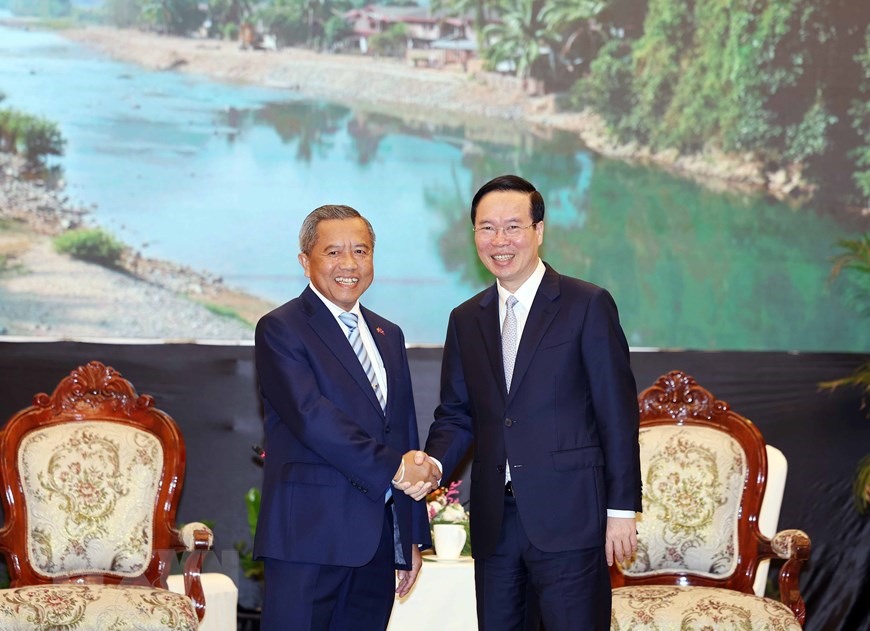 Chủ tịch nước Võ Văn Thưởng tiếp Chủ tịch Hội hữu nghị Lào - Việt Nam Boviengkham Vongdara. Ảnh: TTXVN