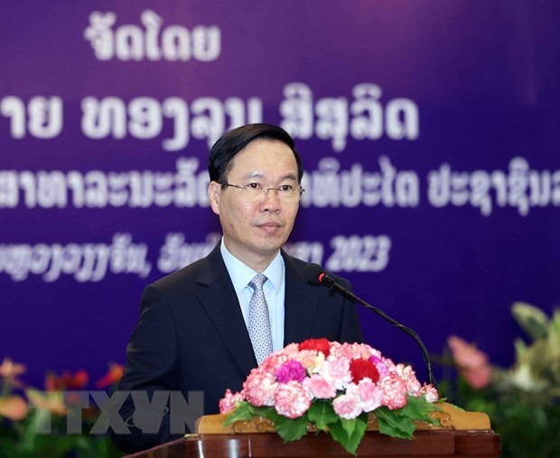 Chủ tịch nước Võ Văn Thưởng phát biểu tại tiệc chiêu đãi do Tổng Bí thư, Chủ tịch nước Cộng hòa Dân chủ Nhân dân Lào Thongloun Sisoulith chủ trì tại Vientiane tối 10.4. Ảnh: TTXVN