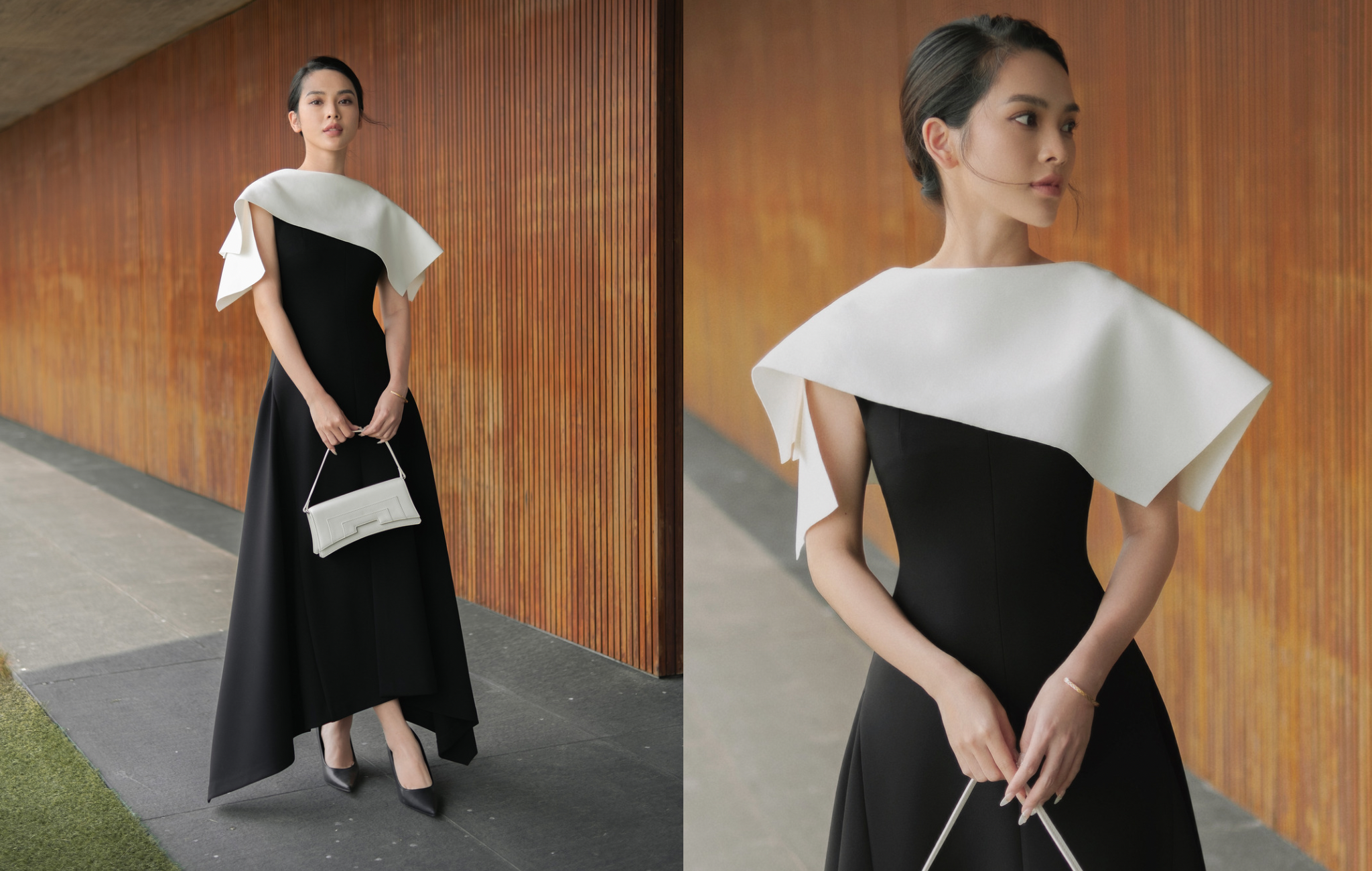Quỳnh Lương trở nên dịu dàng trong thiết kế váy Martine tối giản với kết cấu cổ đổ và kỹ thuật drape trên vai của Cường Đàm. Ảnh: Nhân vật cung cấp