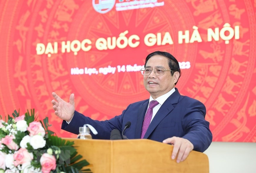 Thủ tướng Phạm Minh Chính phát biểu tại buổi làm việc với Trường Đại học Quốc gia Hà Nội. Ảnh: Dương Giang/TTXVN