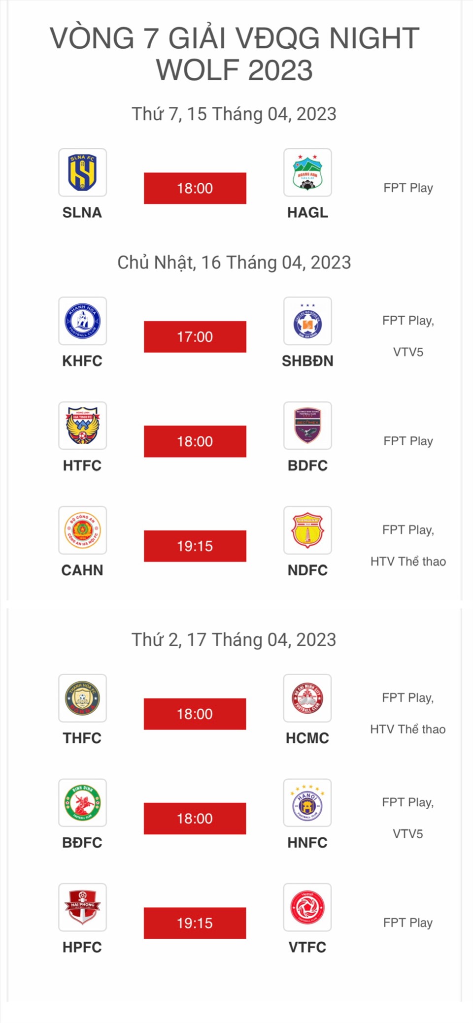 Lịch thi đấu vòng 7 V.League 2023. Ảnh: VPF