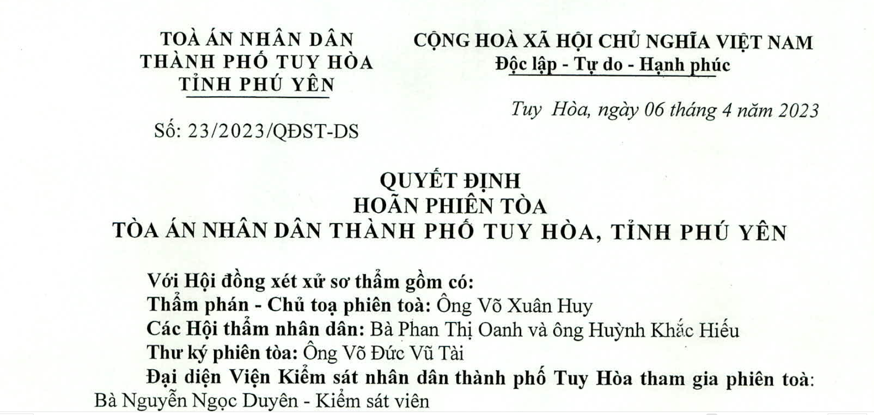 Quyết định tạm đình chỉ xét xử vụ án dân sự của TAND thành phố Tuy Hòa (Phú Yên)