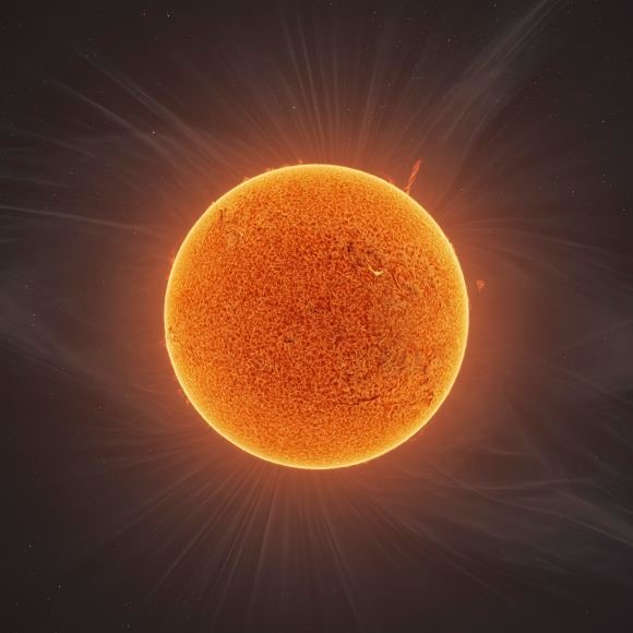 Mặt trời 140MP được phóng to với phần nổi giống như cơn lốc xoáy ở phần trên và vành nhật hoa tỏa ra bên ngoài. Ảnh: Andrew McCarthy và Jason Guenzel