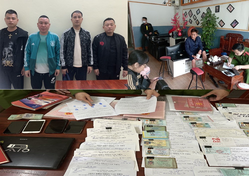 Các đối tượng và tài liệu, tang vật liên quan đến hoạt động “tín dụng đen” vừa được Công an huyện Triệu Sơn, Thanh Hóa