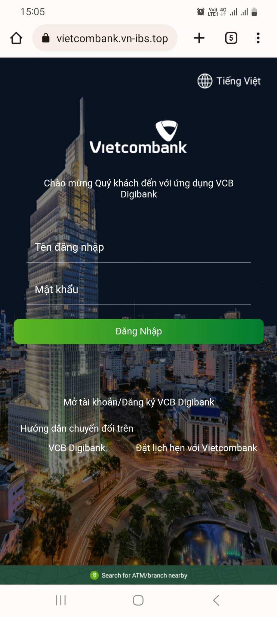 Giao diện trang web của đường link lạ giống hệt với ứng dụng Digibank của Vietcombank, khiến nhiều người lầm tưởng và đăng nhập. Ảnh: Anh Vũ