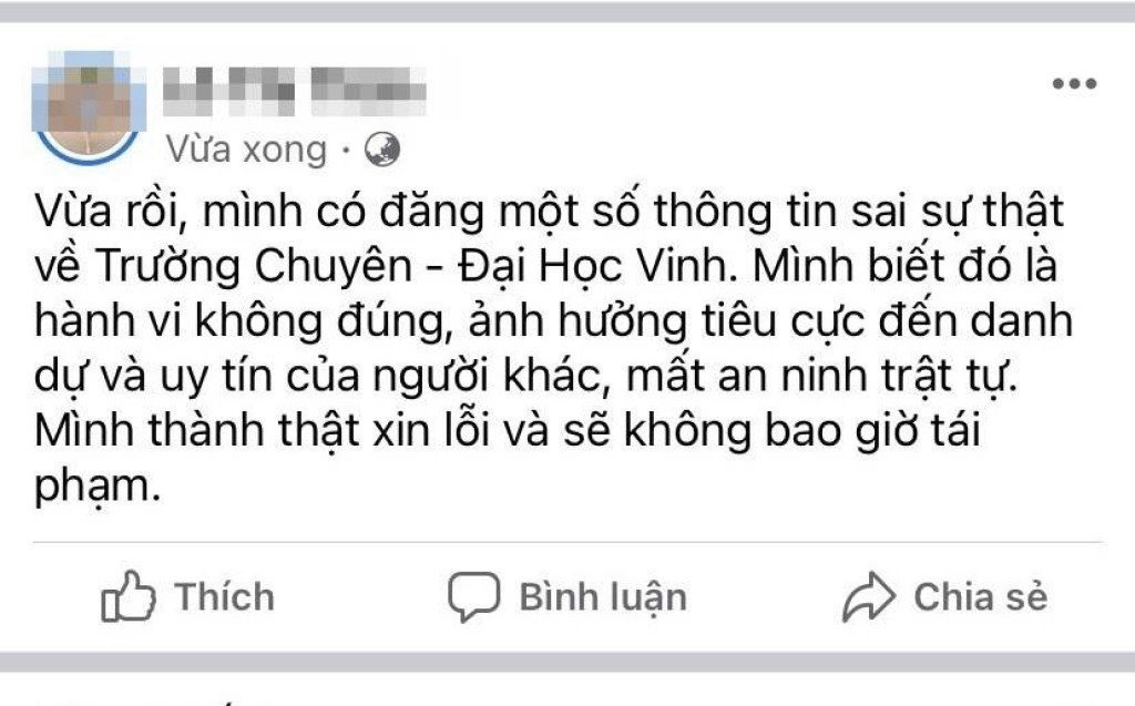 Sau khi được cơ quan chức năng tuyên truyền, giải thích, đối tượng đã viết nội dung xin lỗi trên mạng xã hội. Ảnh: Công an Nghệ An