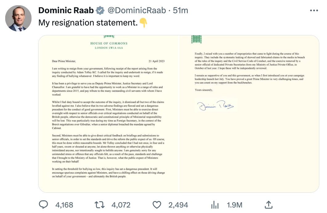 Thư từ chức của ông Raab đăng trên Twitter. Ảnh: Twitter Dominic Raab