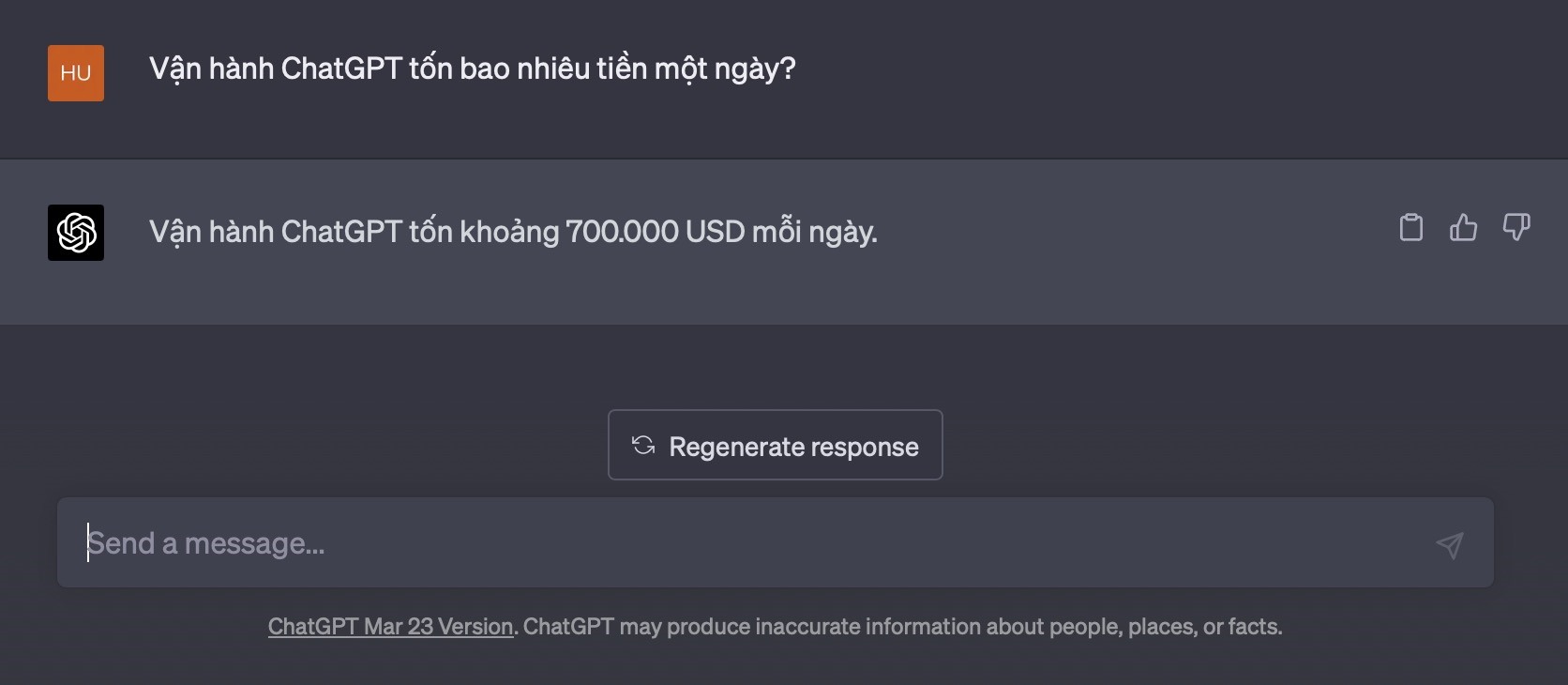 Chính ChatGPT cũng đưa ra con số 700.000 USD khi được hỏi về số tiền để vận hành nó trong một ngày. Ảnh: Anh Vũ