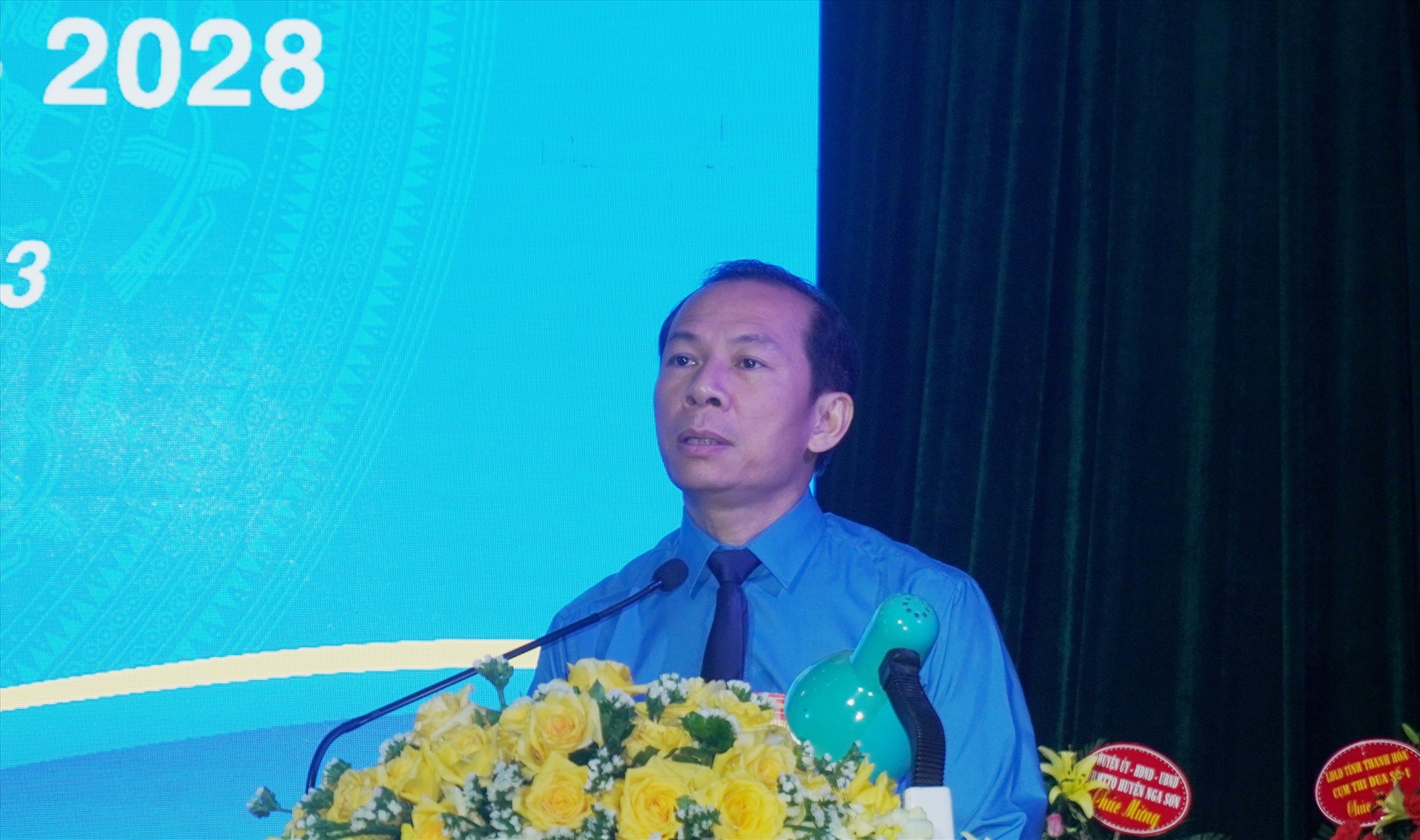 Ông Võ Mạnh Sơn - Chủ tịch LĐLĐ tỉnh Thanh Hóa phát biểu tại đại hội. Ảnh: Quách Du