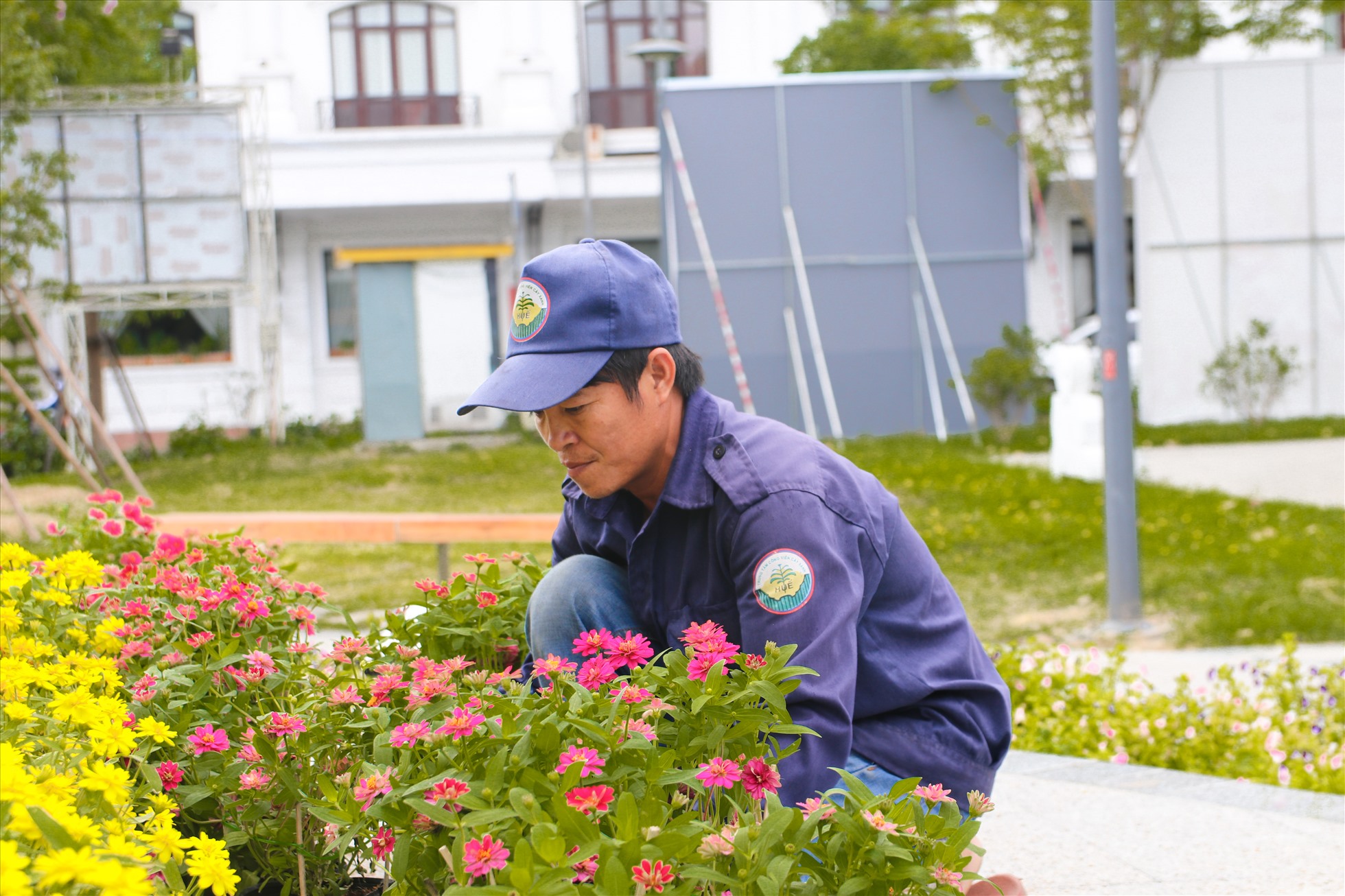 Công nhân sắp xếp hoa cho không gian lễ hội.