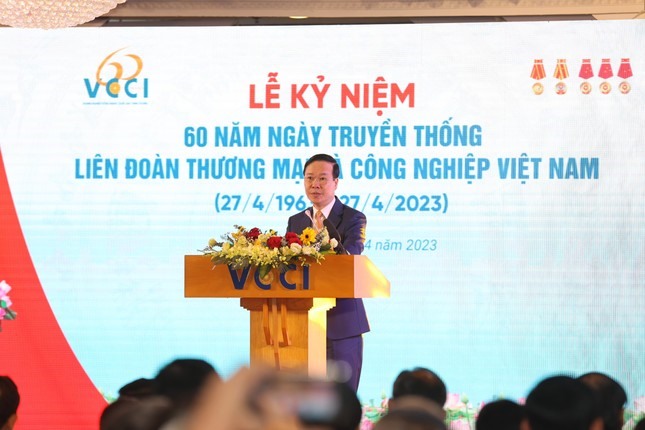 Chủ tịch nước Võ Văn Thưởng phát biểu tại Lễ kỷ niệm ngày truyền thống của VCCI. Ảnh: Anh Tuấn