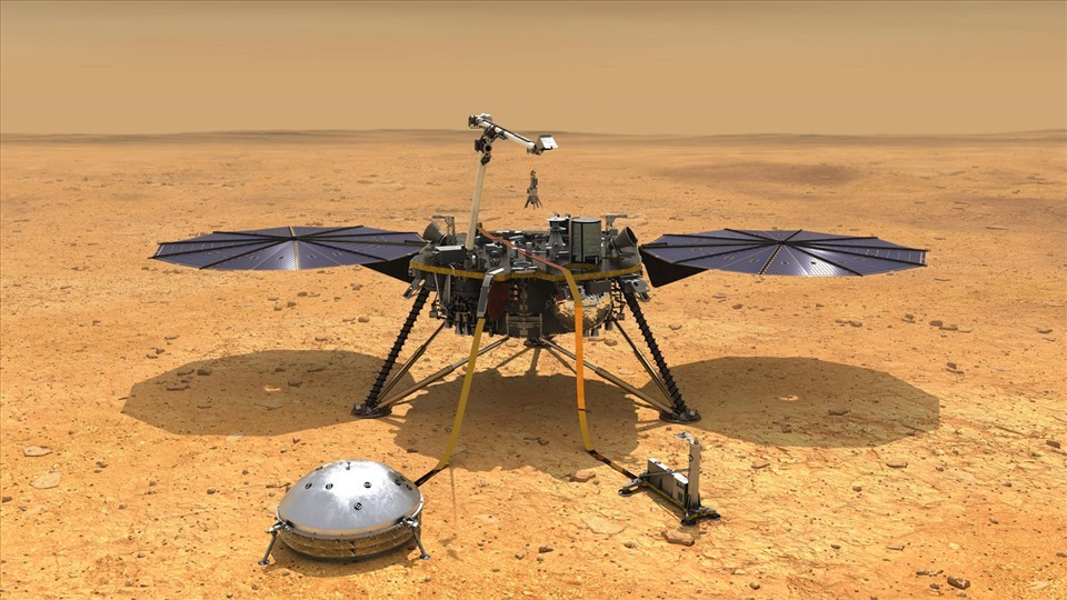 Tàu đổ bộ InSight trên sao Hỏa. Ảnh: NASA