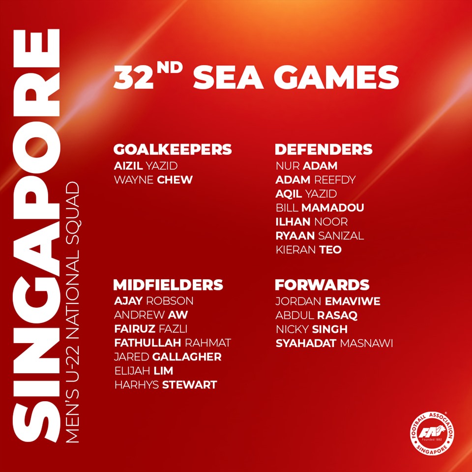 Đội hình U22 Singapore chuẩn bị cho các trận gặp U22 Malaysia, U22 Việt Nam, U22 Thái Lan và U22 Lào tại SEA Games 32. Ảnh: FAS