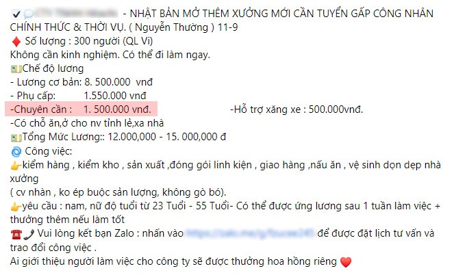 Nhiều công ty đưa ra mức thưởng chuyên cần hấp dẫn để thu hút công nhân. Ảnh chụp màn hình.