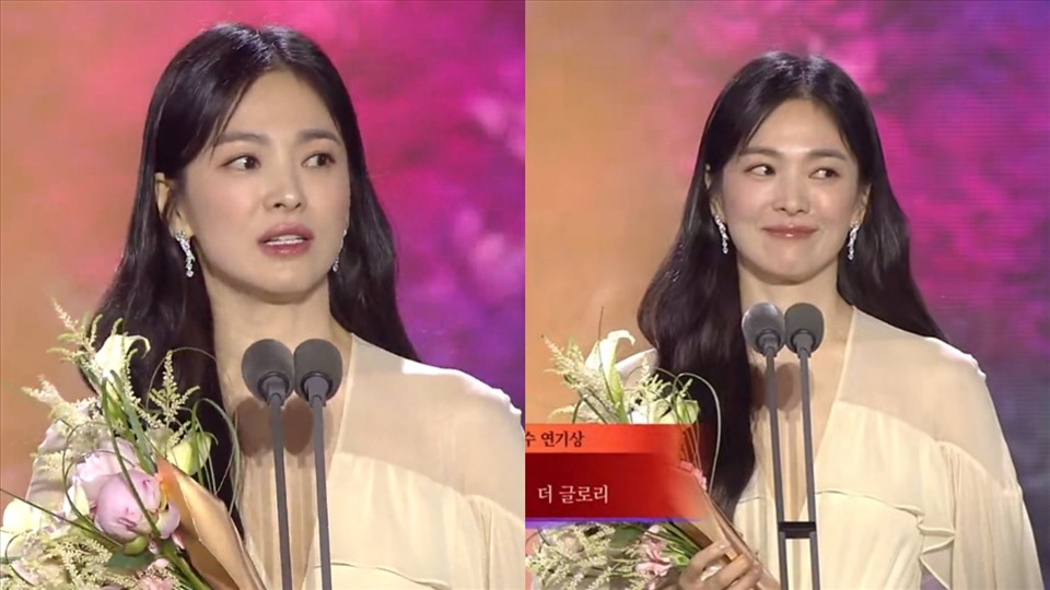 Song Hye Kyo vỡ òa hạnh phúc khi nhận giải thưởng cao quý của Baeksang. Ảnh: Chụp màn hình