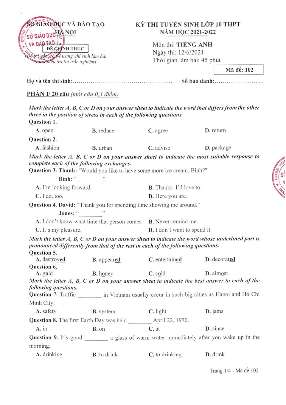 Đề thi, đáp án môn Tiếng Anh kỳ thi vào lớp 10 năm 2021 tại Hà Nội. Ảnh: Sở GDĐT Hà Nội