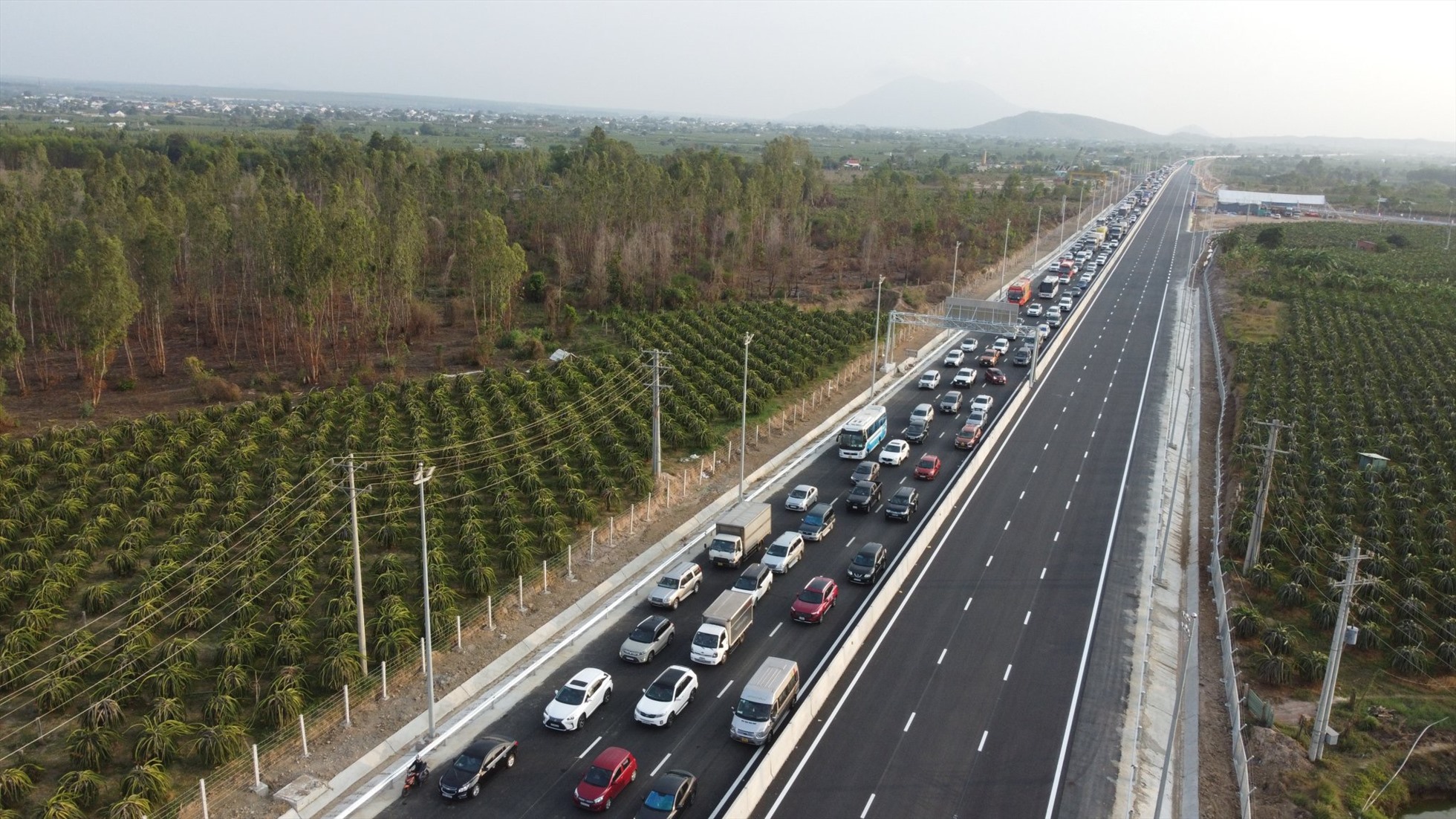 Xe ô tô xếp hàng dài trên cao tốc Phan Thiết - Dầu Giây qua Bình Thuận. Ảnh: Duy Tuấn