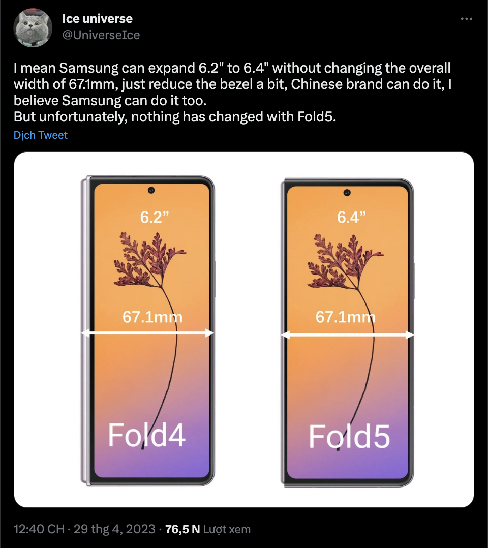 Với sự thay đổi này, Galaxy Z Fold 5 giảm được 9g so với Galaxy Z Fold 4, từ 263g xuống còn 254g.