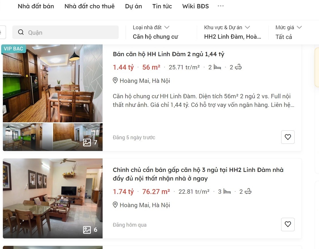Các căn hộ ở HH Linh Đàm chưa có sổ rao bán vẫn chuộng khách mua. Ảnh: Chụp màn hình.