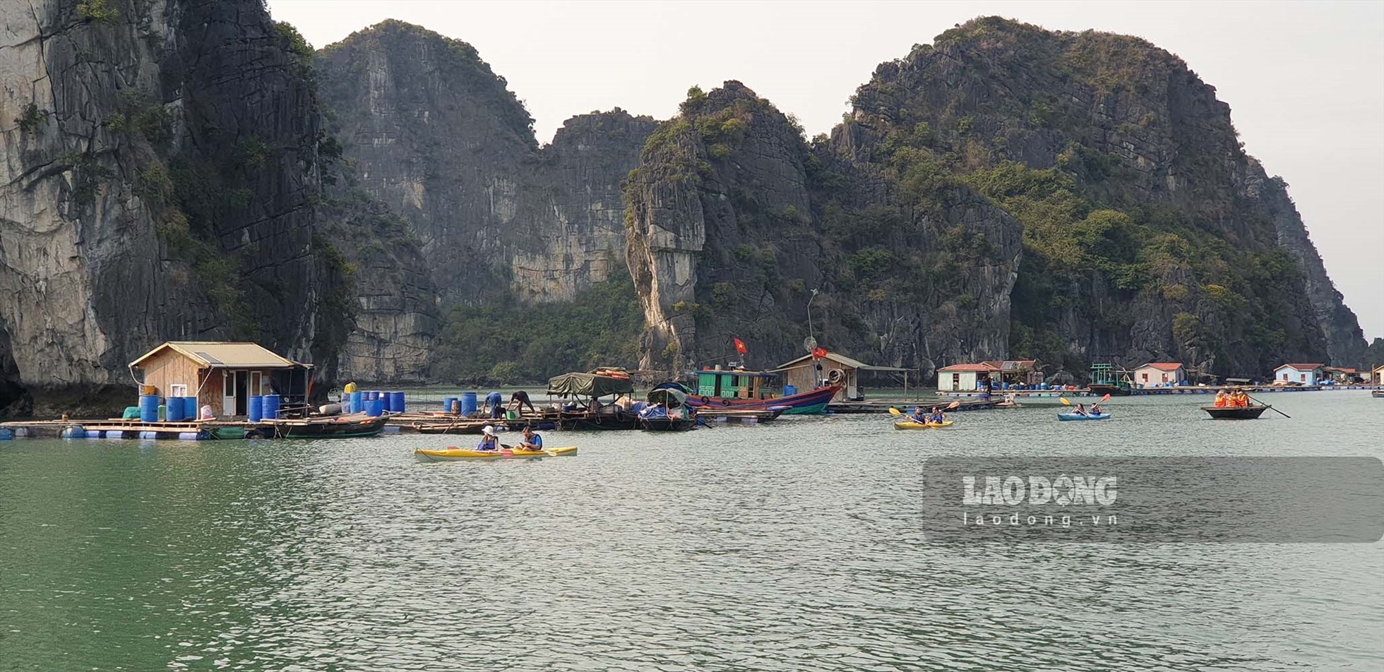 Du khách chèo kayak, thuyền nan đi tham quan làng chài Vung Viêng. Ảnh: Nguyễn Hùng