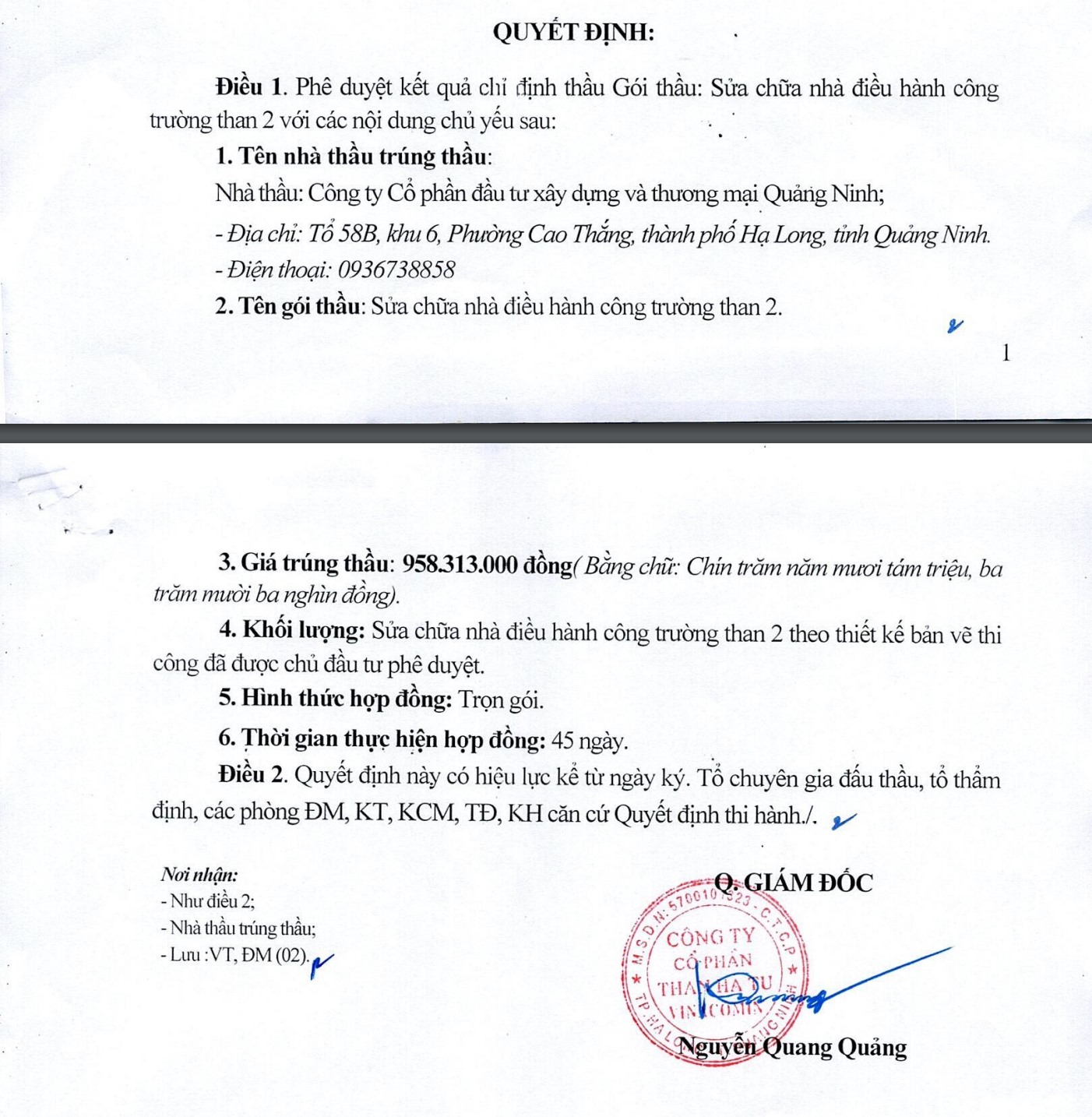 Quyết định phê duyệt kết quả chỉ định thầu của Than Hà Tu với Công ty Thương mại Quảng Ninh. Ảnh: Chụp màn hình