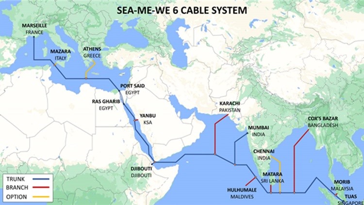 Hệ thống cáp ngầm dài 19.200km giữa Singapore và Pháp (Marseille), xuyên qua Ai Cập bằng cáp đất liền. Ảnh: SMW6 consortium