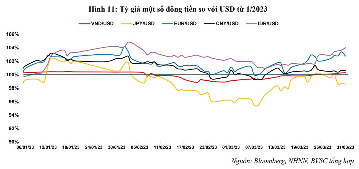 Biến động tỷ giá một số đồng tiền so với USD từ tháng 1.2023. Ảnh: BVSC