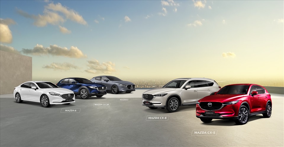 Mazda Việt Nam triển khai chương trình ưu đãi 100% lệ phí trước bạ dành cho tất cả các mẫu xe: Mazda2, Mazda3, Mazda6, CX-3, CX-30, CX-5 và BT-50. Ảnh Thaco Group