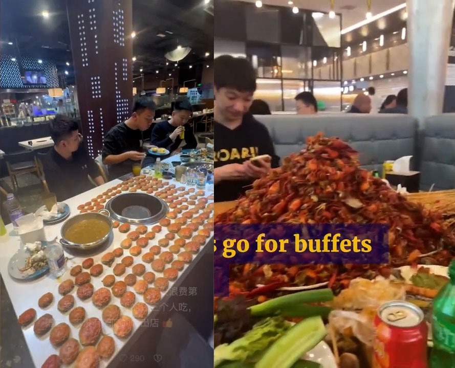 Bàn ăn chất đầy vỏ tôm, cua của nhóm thực khách tại nhà hàng buffet ở Thanh Đảo, Sơn Đông, Trung Quốc. Ảnh: Douyin