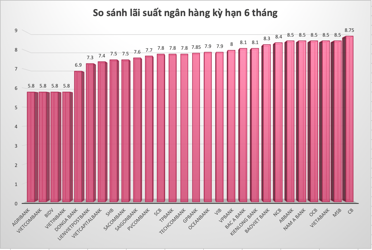 So sánh lãi suất ngân hàng cao nhất ở kỳ hạn 6 tháng. Đồ hoạ Trà My