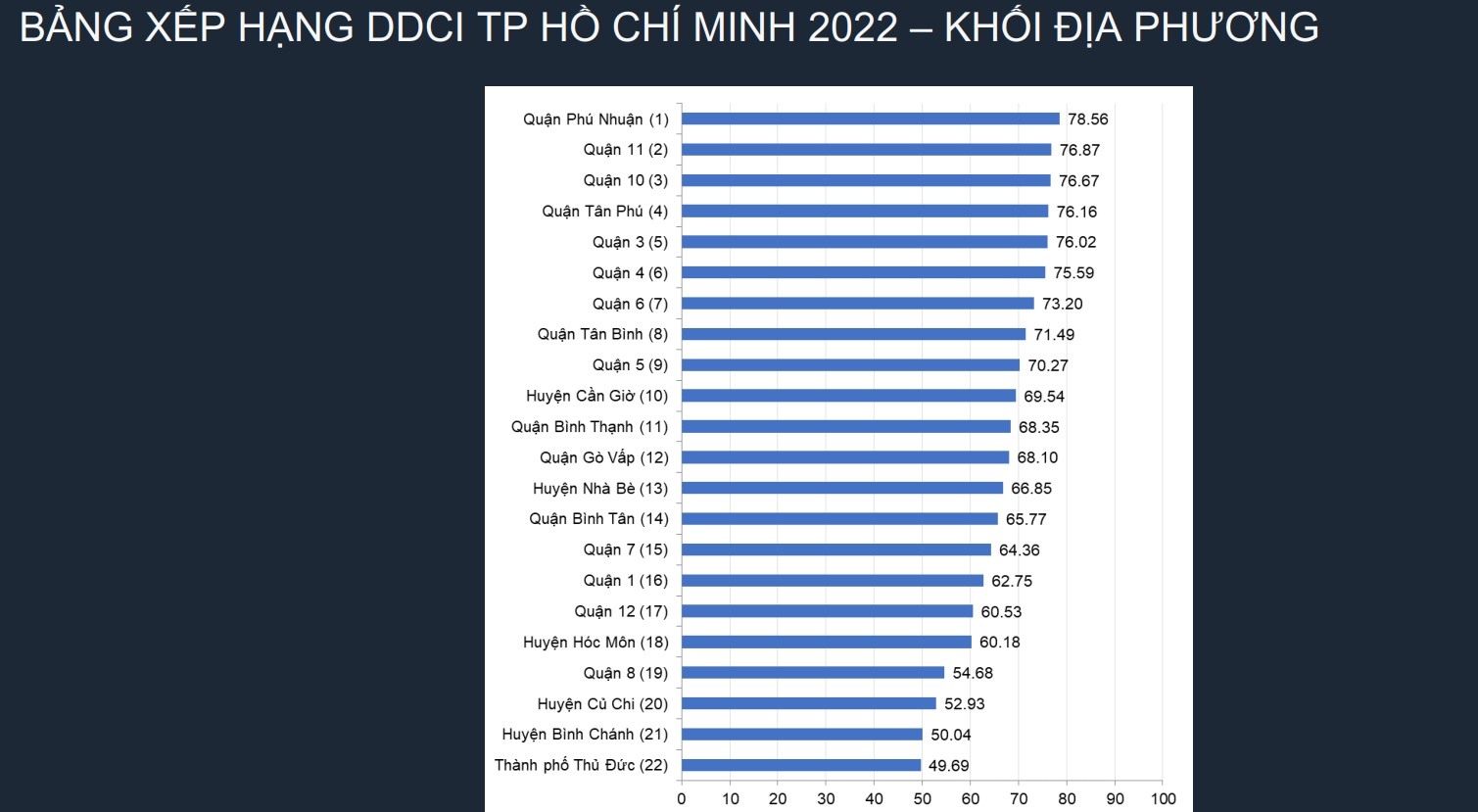 Bảng xếp hạng DDCI khối địa phương của TPHCM năm 2022 (Ảnh tư liệu: Tổ tư vấn DDCI TPHCM).
