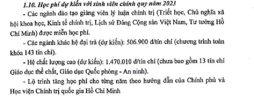 Lộ trình tăng học phí cho từng năm của Học viện Báo chí và Tuyên truyền theo hướng dẫn của Chính phủ và Học viện Chính trị quốc gia Hồ Chí Minh. Ảnh chụp màn hình